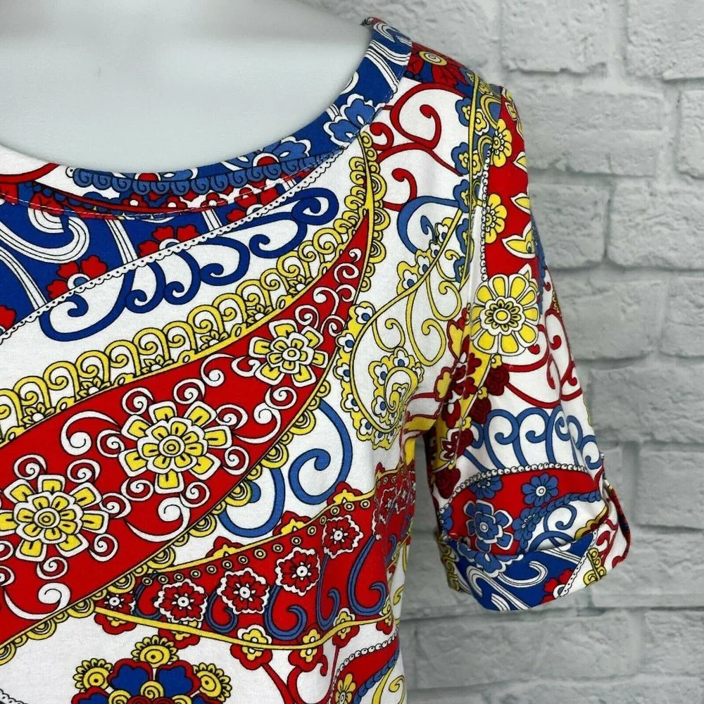 Talbots Large Excellent Top Paisley Red Blue Yellow Short Sleeve Stretch Cotton - Picture 3 of 10